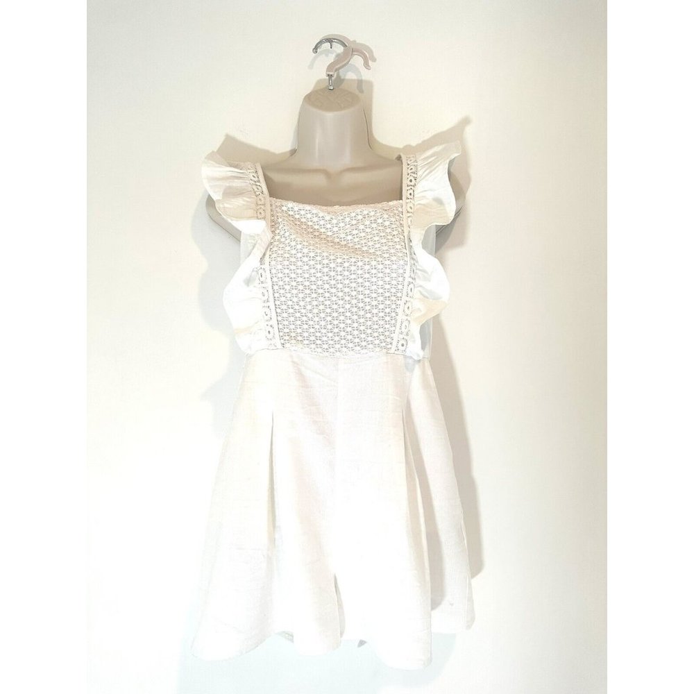 English Factory Women's 6 White Smocked Ruffle Sleeves Pockets Back Zip Romper